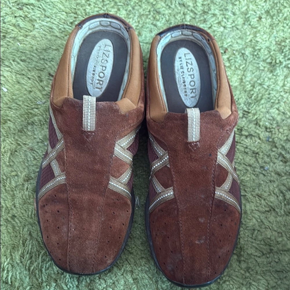 Liz Claiborne Brown Suede Mules with Geometric Accents